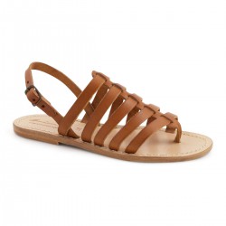 Tan flat sandals in real leather Handmade in Italy