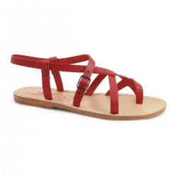 Red leather flat sandals for women handmade in Italy