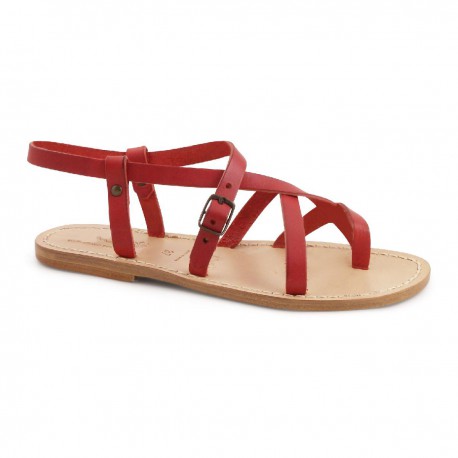 Red leather flat sandals for women handmade in Italy
