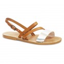 Women's flat sandals handmade in tan and silver leather