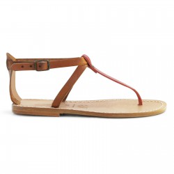 Handmade t-strap flat sandals in tan 