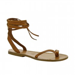Handmade flat strappy sandals in tan calf leather