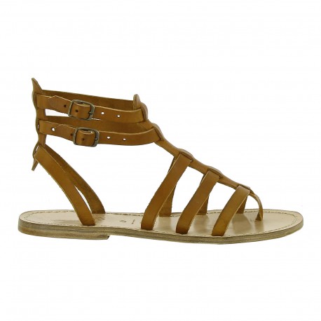 Women's flat gladiator sandals Handmade in Italy in tan leather | The ...