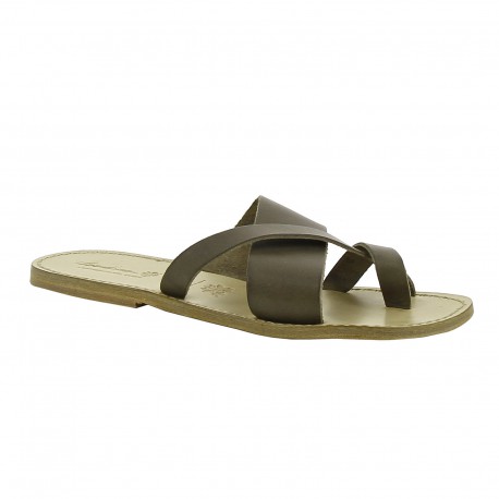 Leather thongs sandals for men in mud color