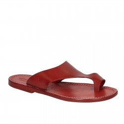 Red leather thong sandals for women handmade