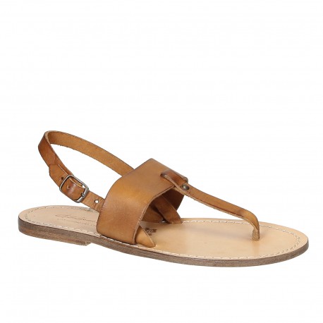T-strap sandals for women in tan leather