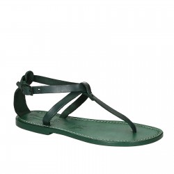 Women's t-strap sandals in green Leather handmade in Italy