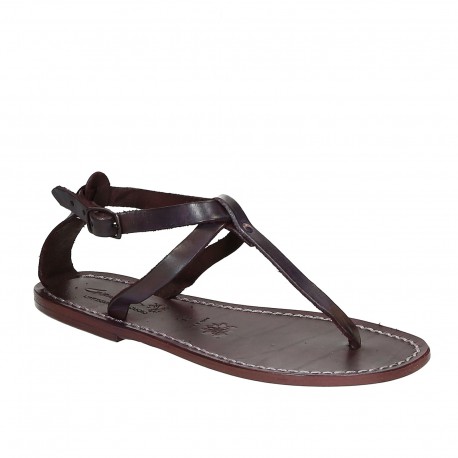 Women's t-strap sandals in violet Leather handmade in Italy