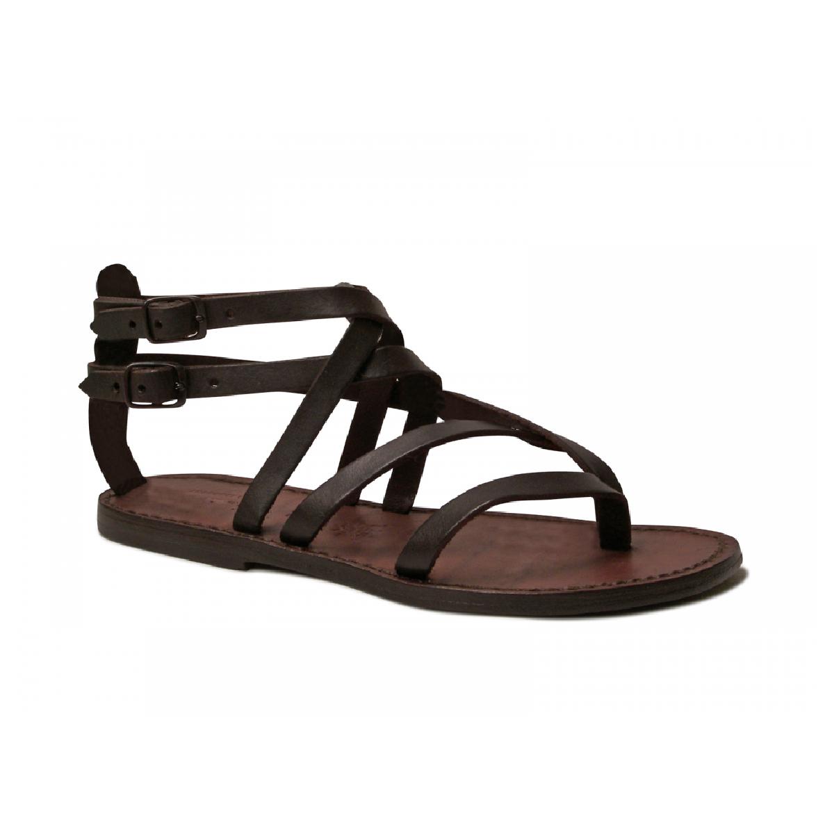 Handmade womens flat sandals in dark brown leather | Gianluca - The ...