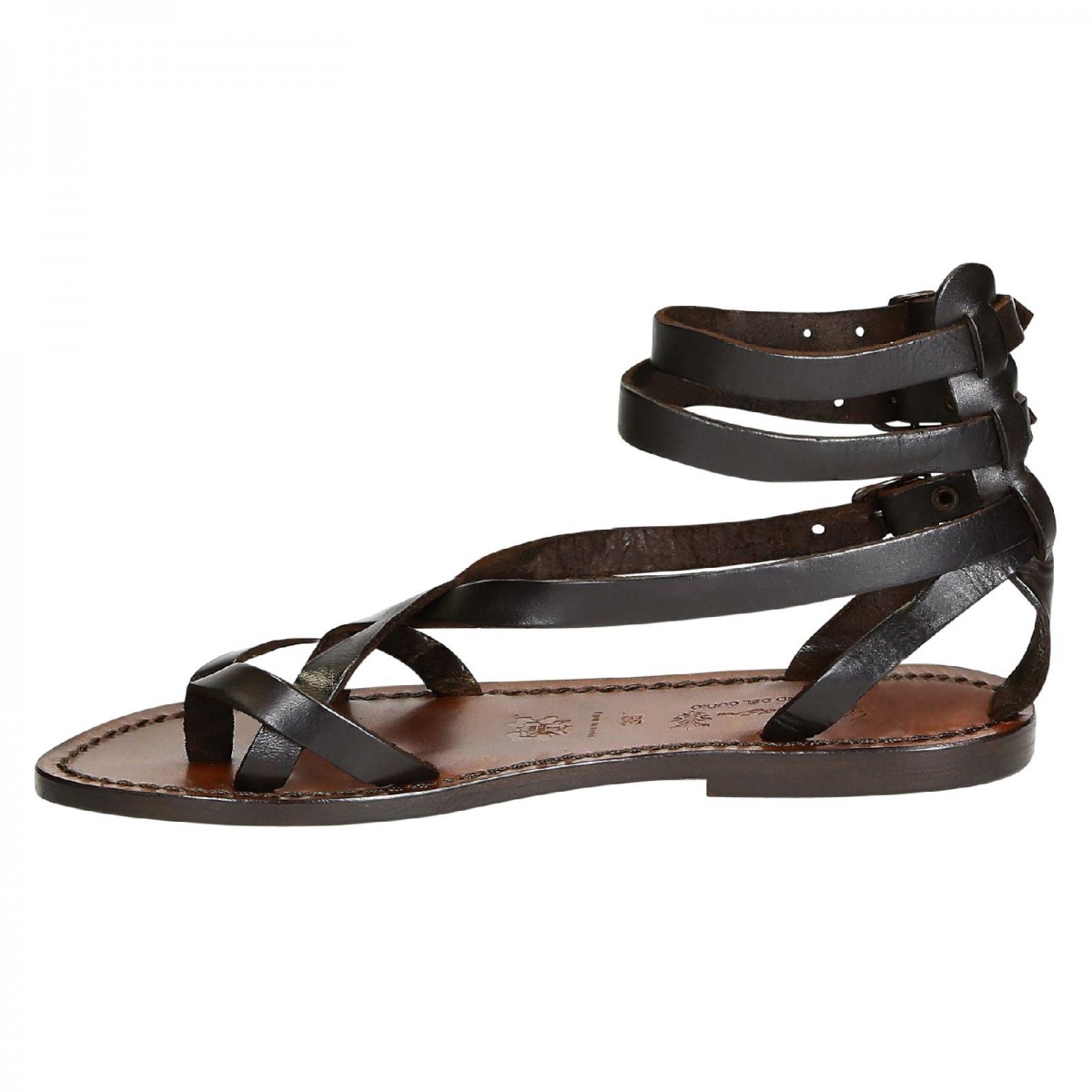 Handmade in Italy womens slave sandals in dark brown leather | Gianluca