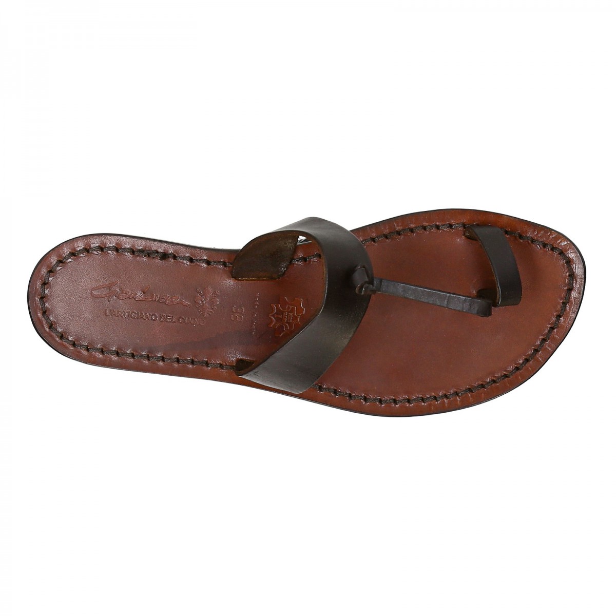 Manmade women thong in dark brown leather | The leather craftsmen