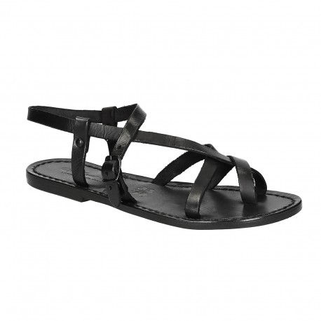 Womens black strappy sandals handmade in cuir leather