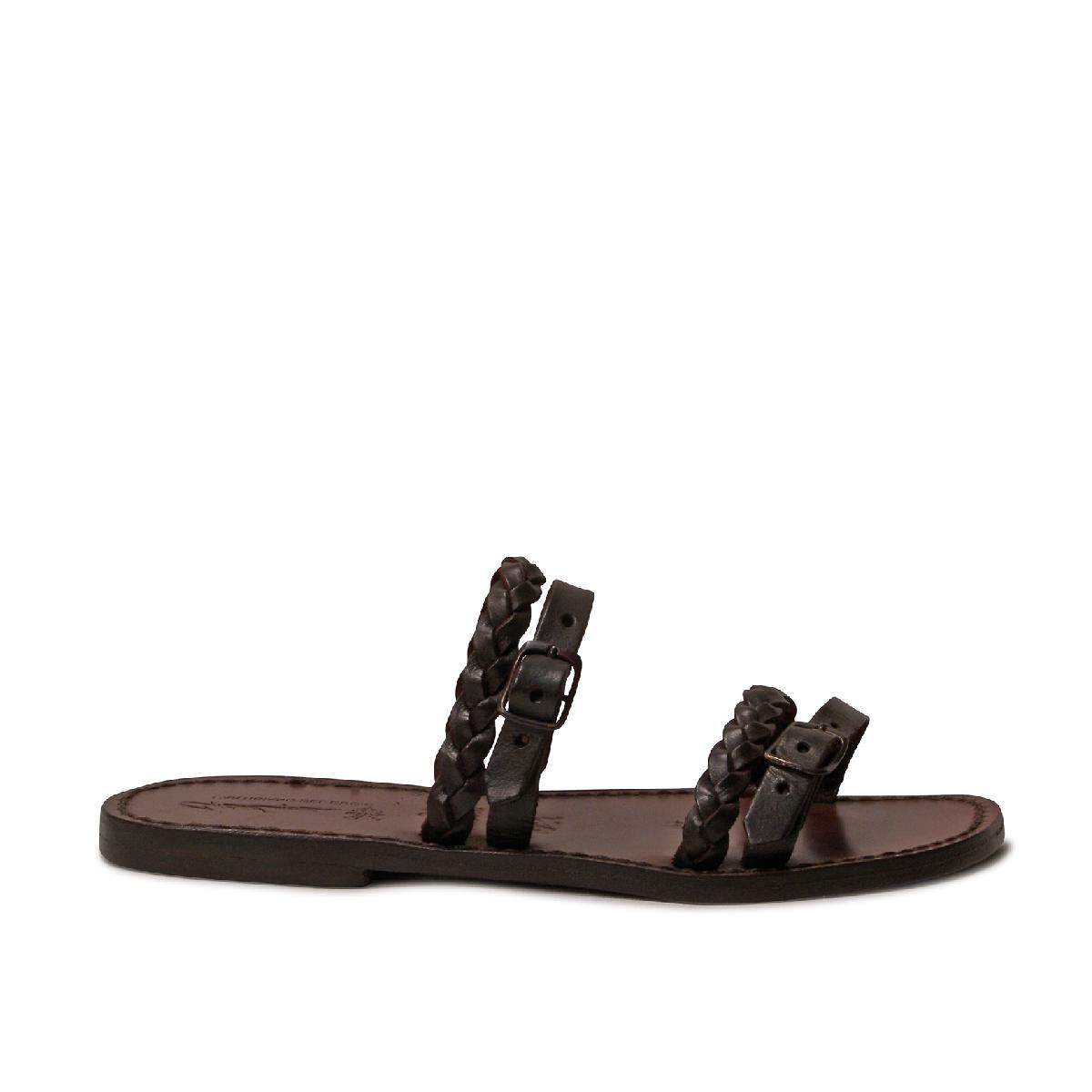 Handmade women s slipper sandals  dark brown leather 