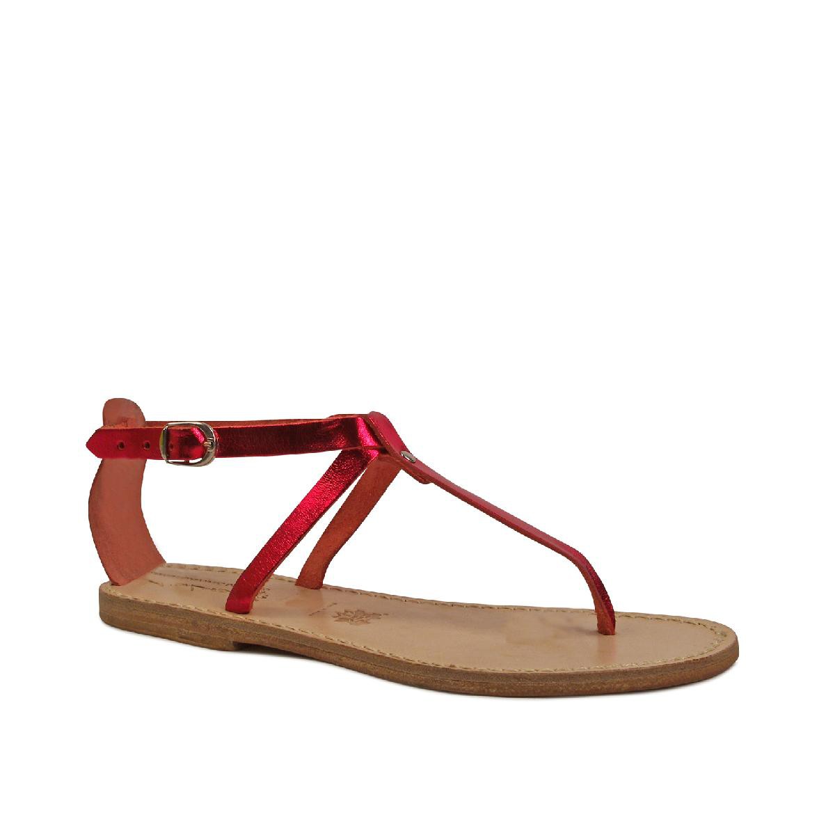 Handmade t-strap sandals in red laminated leather | Gianluca - The ...
