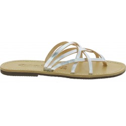Handmade womens silver flat sandals thongs with leather sole