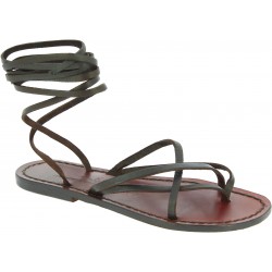 Womens strappy leather sandals Handmade in Italy in dark brown cuir
