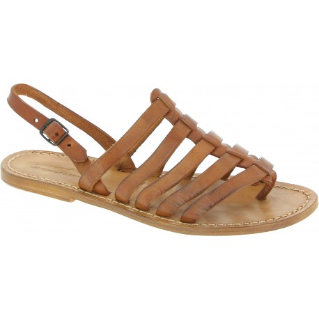 Leather thong sandals for women in cuir color leather