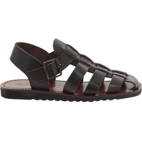 Handmade in Italy mens friar sandals in dark brown leather | The ...