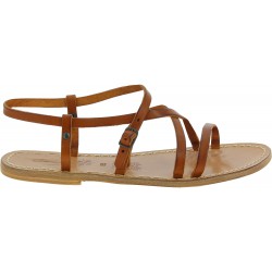 Women's tan leather flat sandals handmade in Italy
