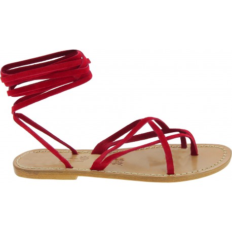 Red nubuck flat strappy sandals for women handmade in Italy | The ...