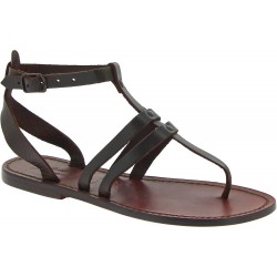 Women's thong sandals in Dark Brown Leather handmade in Italy