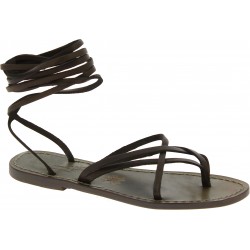 Flat strappy leather sandals mud color handmade in Italy