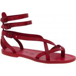 Spartiate sandales pour femme en cuir rouge fait à la main