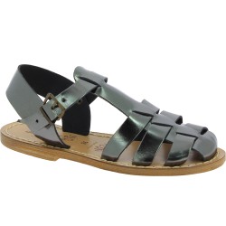 Flat sandals for women in titanium color leather Handmade in Italy