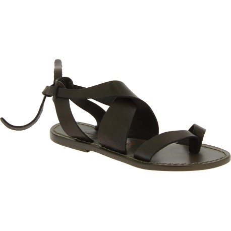 Women's flat mud color leather sandals handmade in Italy