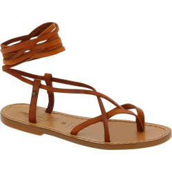 Women's brown leather flat strappy sandals handmade in Italy