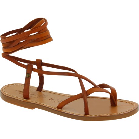 Women's brown leather  flat strappy sandals handmade in Italy