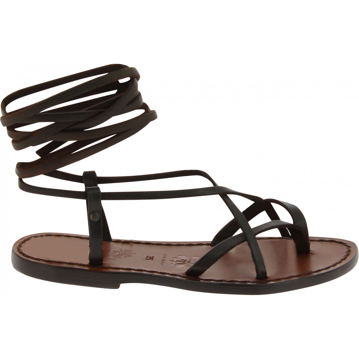 Dark brown leather flat strappy sandals handmade in Italy | The leather ...
