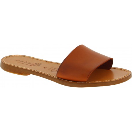 Women's leather slide sandals in tan leather handmade