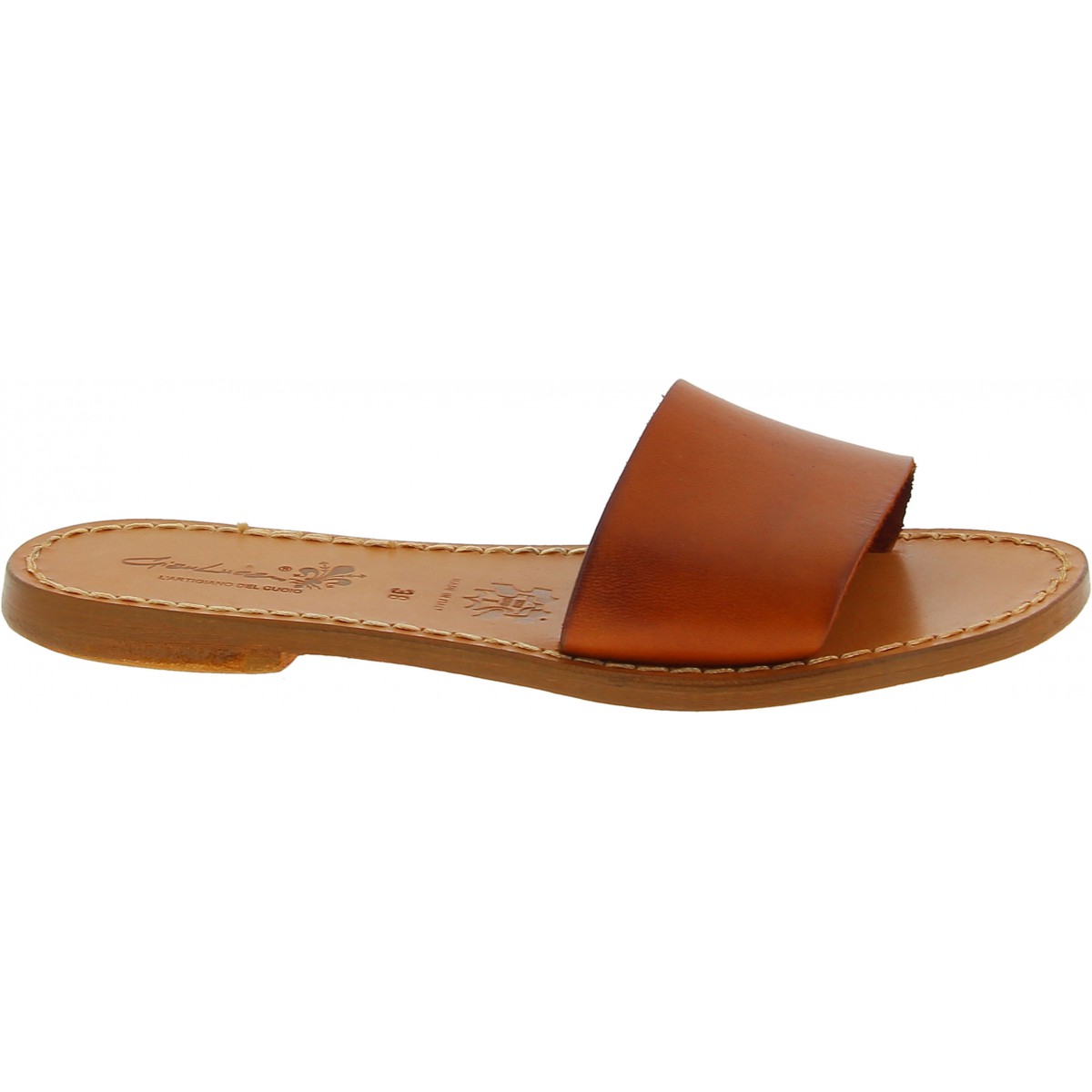 tan leather slip on sandals
