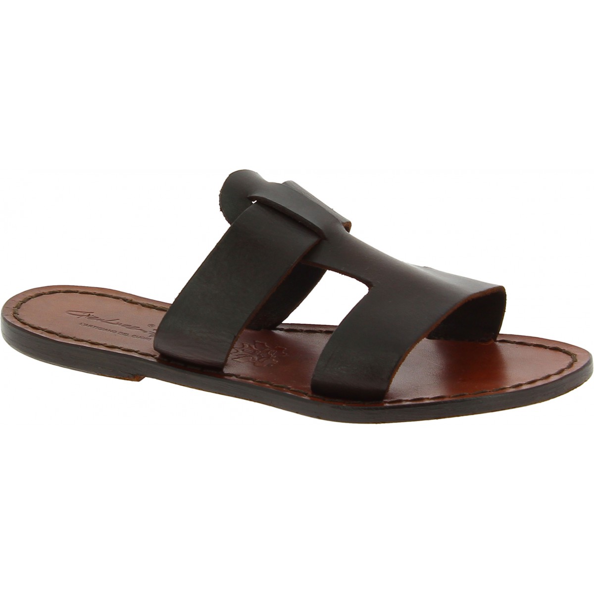 Women's leather slide sandals in dark brown leather handmade | The ...