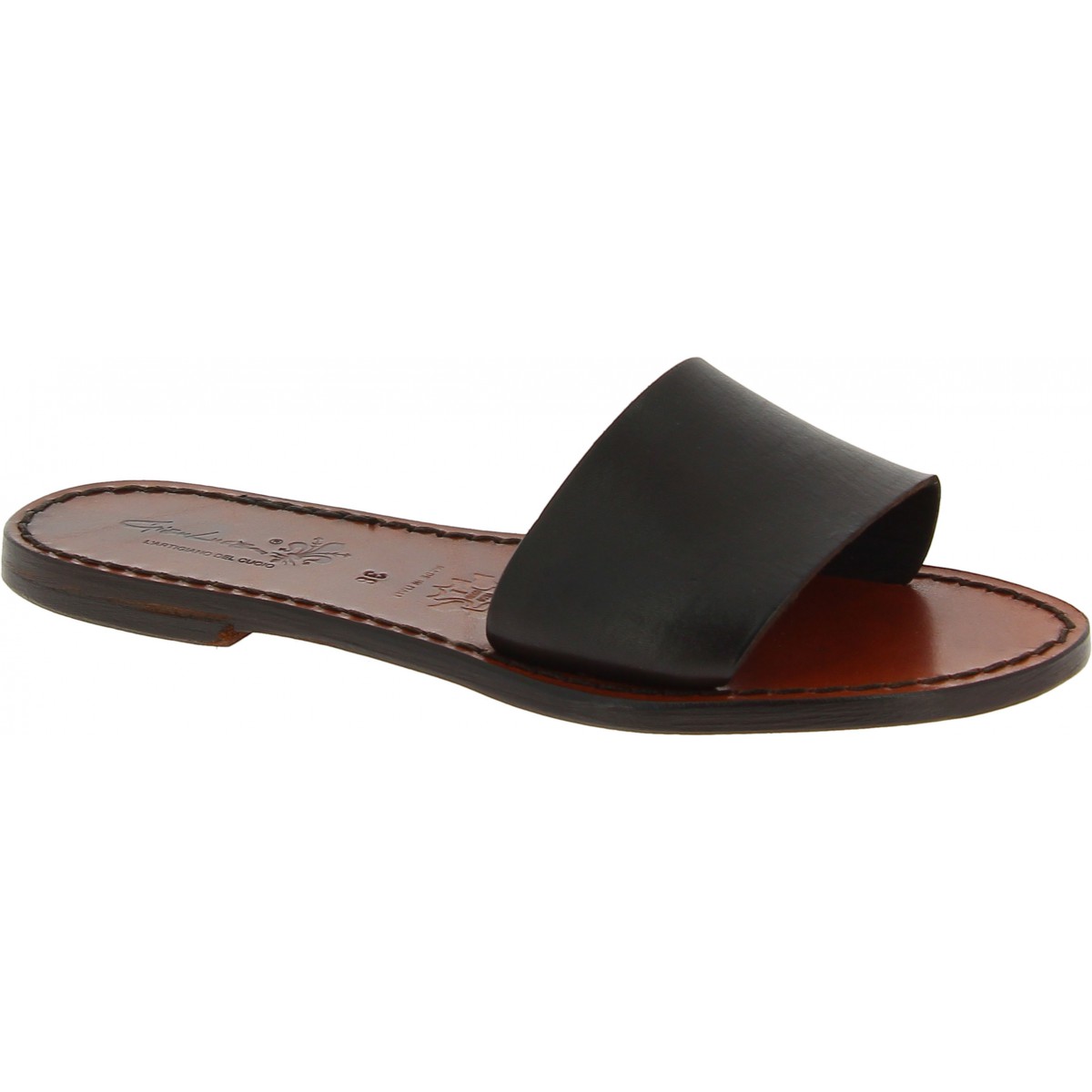Women's leather slides sandals in dark brown leather handmade | The ...