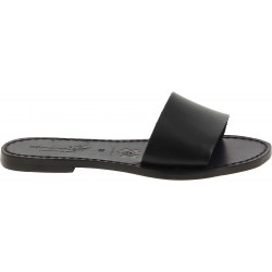 Women's leather slides sandals in black leather handmade