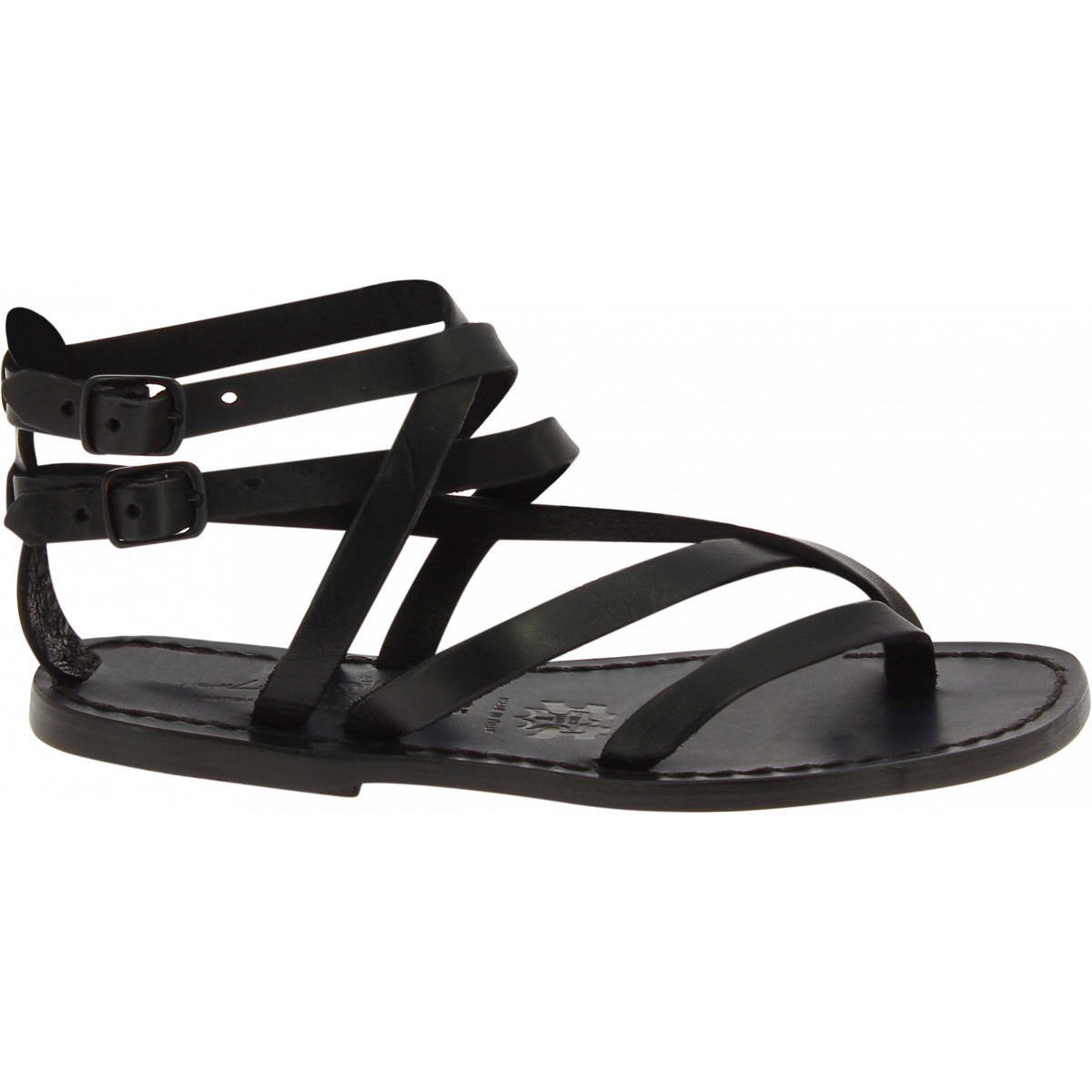 Handmade women's flat sandals in black leather | The leather craftsmen