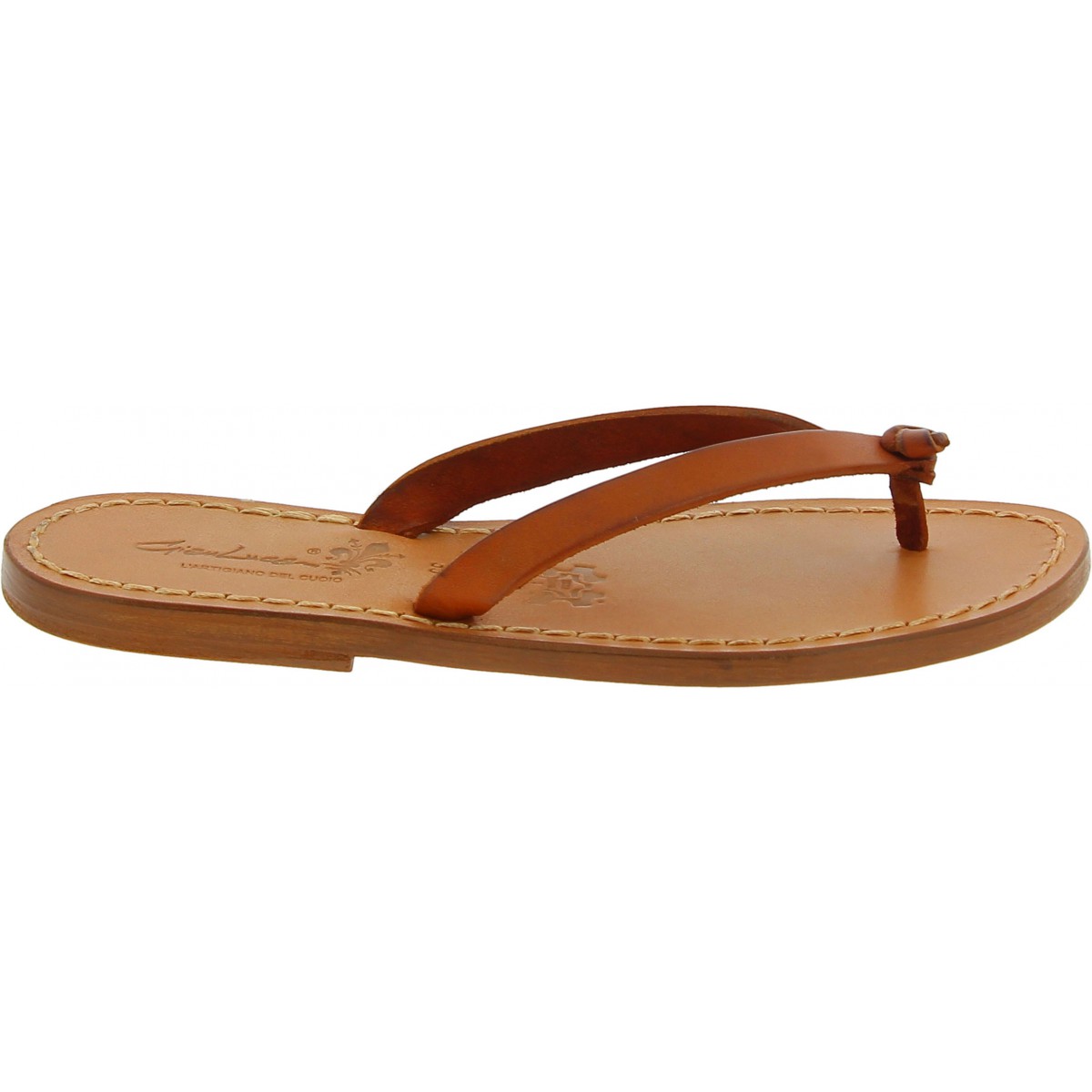 Handmade women's thong slippers in tan leather | The