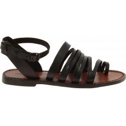 Women's thong sandals in dark brown leather handmade in Italy
