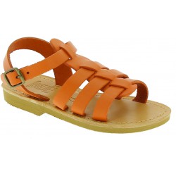 Child sandals in orange calf eather with buckle closure