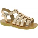 Girl's gladiator sandals in rose gold laminated calf leather with buckle closure