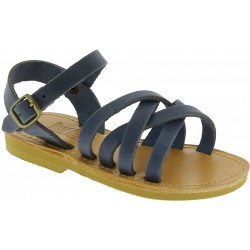 Child's gladiator braided sandals in blue nubuck leather with buckle closure