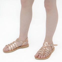 Girl's gladiator sandals in rose gold laminated calf leather with buckle closure