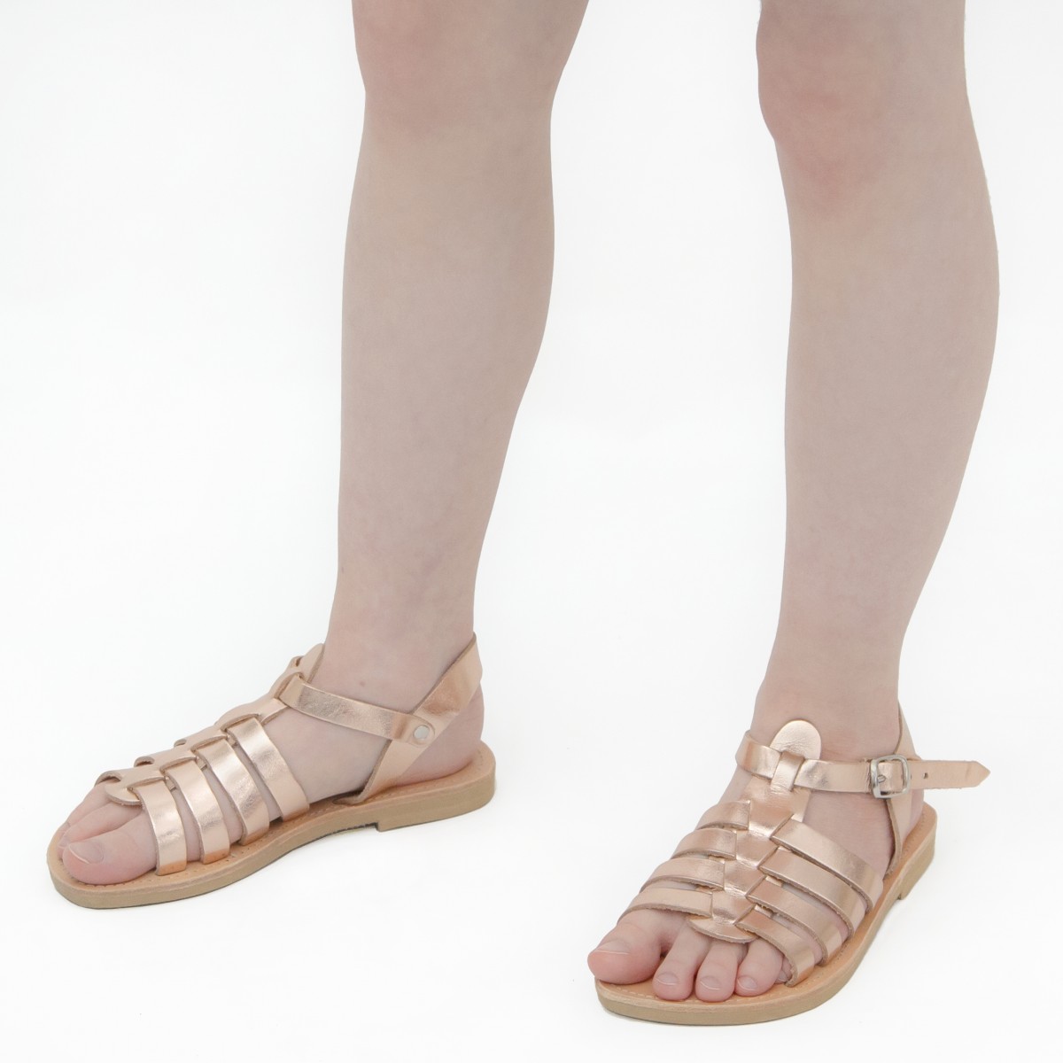 Girl's gladiator sandals in rose gold laminated calf leather with ...