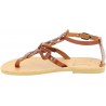 Women's thong sandals with handmade crossed laces in brown calfskin