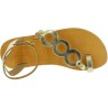 Handgefertigte Damen sandalen mit Kreisen aus goldlaminiertem Kalbsleder