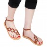 Women's thong sandals with circles handmade in brown color calfskin