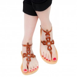Sandalias de mujer hechas a mano con cordones cruzados en piel de becerro marrón