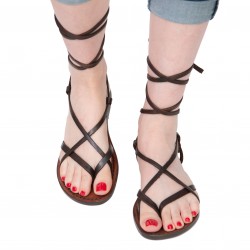 Dark brown leather flat strappy sandals handmade in Italy